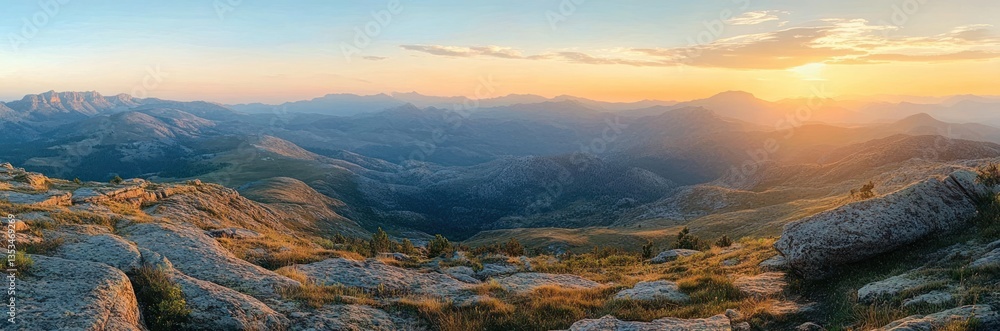 Fototapeta premium Serene Sunset Landscape on Summit Mountain in Sardinia Gennargentu Massif Scenic View