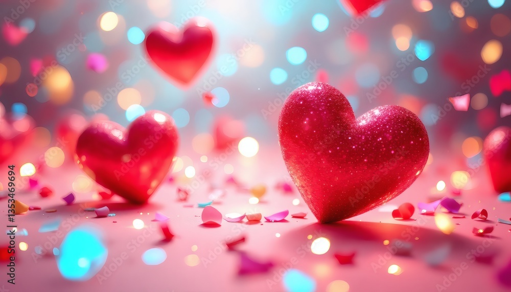 Sparkling Red Hearts and Confetti Background for Valentine's Day Sparkling Red Hearts and Confetti Background for Valentine's Day