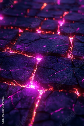 Glowing cracks revealing vibrant colorful energy across dark stone surfaces