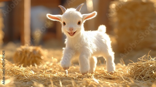 Adorable White Baby Goat in Hay