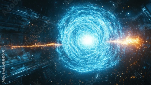 Futuristic digital nexus with energy streams converging, a gateway into alternate realities