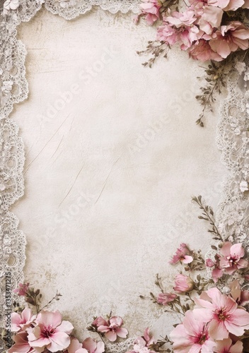 Vintage lace frame with pink flowers on aged paper