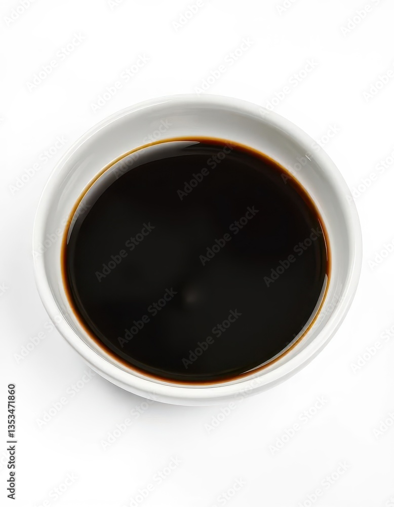 Dark soy sauce in pristine white bowl, isolated, dish, ceramic Dark soy sauce in pristine white bowl, isolated, dish, ceramic