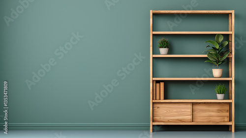 Wooden Shelf with Plants in Green Room