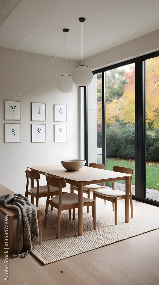 Fototapeta premium Modern minimalist dining room interior with wooden furniture, large glass windows, and natural light, creating a cozy and elegant Scandinavian-inspired home atmosphere