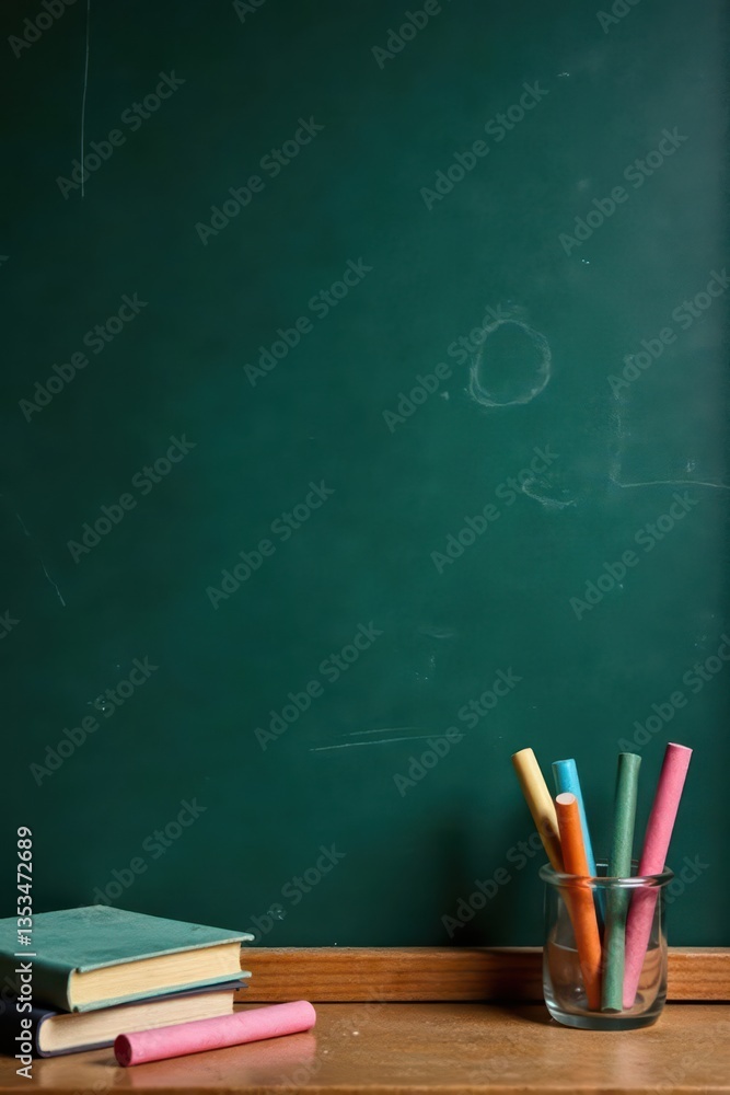 Empty blackboard, vibrant chalks ready for learning , lesson, bright Empty blackboard, vibrant chalks ready for learning , lesson, bright