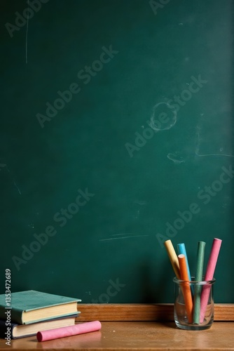 Empty blackboard, vibrant chalks ready for learning , lesson, bright