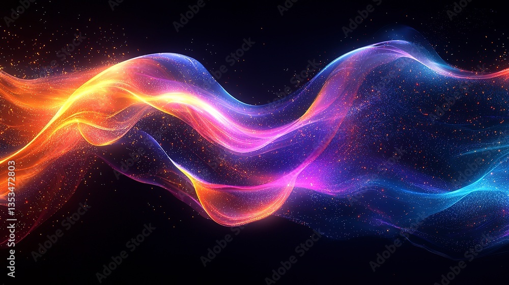 Colorful flowing waves of energy span across a dark backdrop Colorful flowing waves of energy span across a dark backdrop