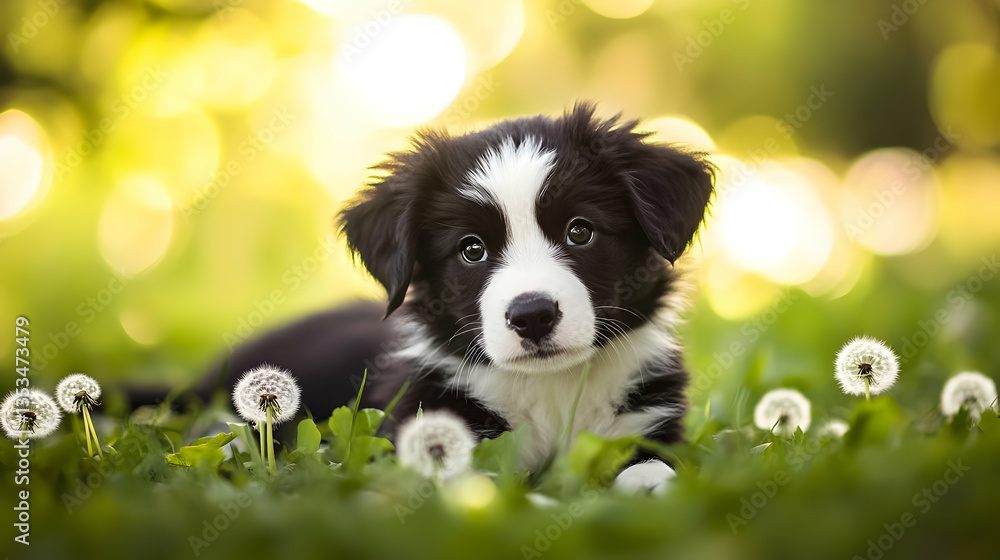 Adorable Black and White Border Collie Puppy on Green Grass Adorable Black and White Border Collie Puppy on Green Grass