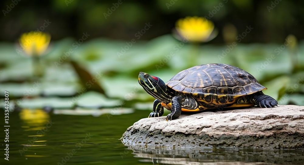 A calm turtle sunbathing on a rock near a tranquil pond, surrounded by lily pads. A calm turtle sunbathing on a rock near a tranquil pond, surrounded by lily pads.