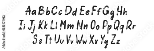 Handwritten cursive alphabet, brush stroke typography. Sketch black ink design header uppercase and lowercase letters. Font with organic texture. Black vector illustration on a white background.