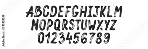 Handwritten alphabet with numbers, brush stroke typography. Sketch black ink design header uppercase letters. Font with organic texture. Black vector illustration on a white background.