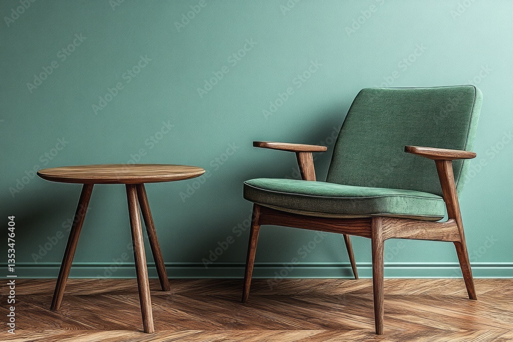 Fototapeta premium Green armchair and wooden side table against turquoise wall