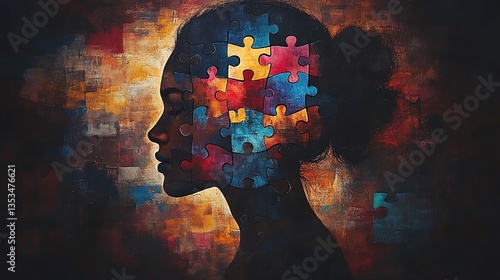 A woman's profile, her head a mosaic of colorful puzzle pieces.  Intricate, artistic representation of mental wellbeing