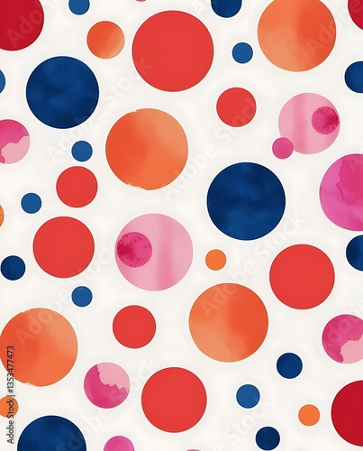 Seamless abstract pattern with colorful watercolor circles in red, blue, and orange on a white background, perfect for textiles, wallpapers, and creative graphic design projects

