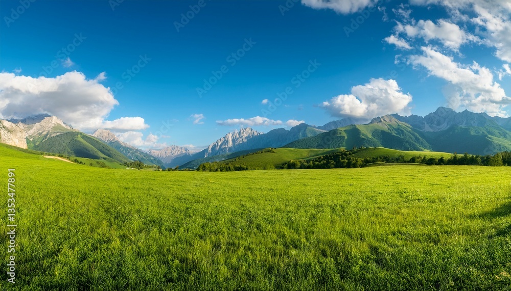 Fototapeta premium panoramic natural landscape with green grass field blue sky with clouds and mountains in background