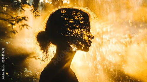 Silhouette of a woman with leaves superimposed on her face, backlit by a vibrant waterfall.  Represents inner peace, nature connection, and spiritual awakening.