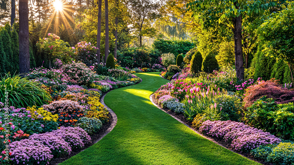 Obraz premium A Majestic Garden Landscape: Sunlit Pathway, Vibrant Flowers, and Lush Greenery