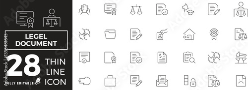Legal documents set of web icons in line style. Document linear icons collection. Containing passport, contract, agreement, ID card, certificate, license, law, justice. Editable stroke	