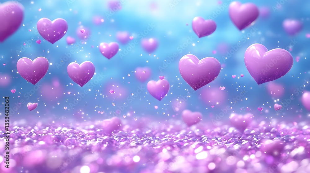 Floating pink hearts and sparkling glitter particles in a blue background Floating pink hearts and sparkling glitter particles in a blue background