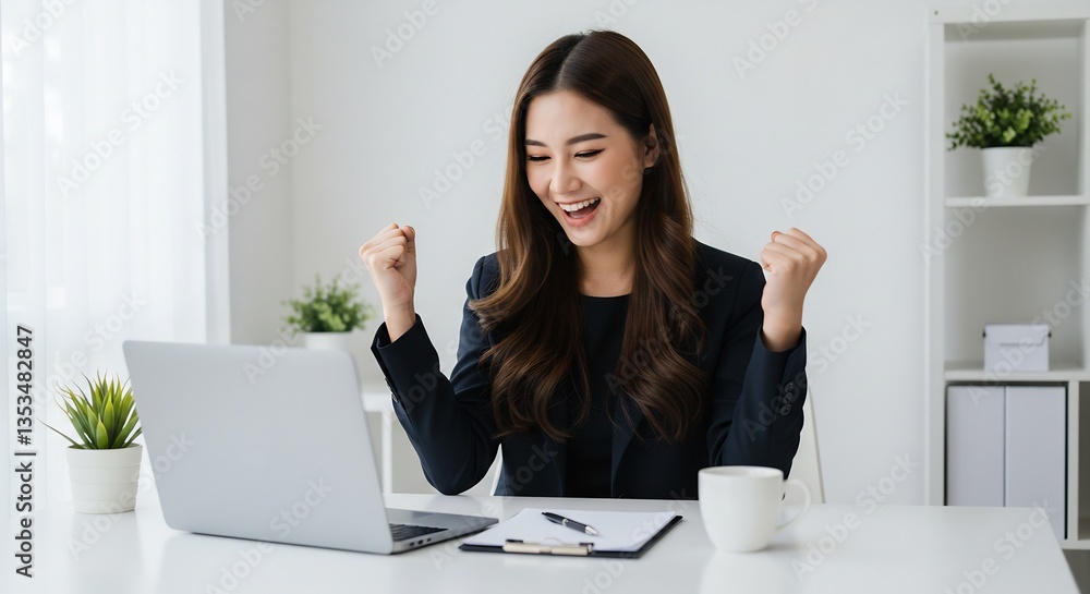 Successful Young Asian Businesswoman Celebrating Achievement on Laptop in Modern Office Successful Young Asian Businesswoman Celebrating Achievement on Laptop in Modern Office