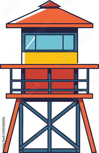 Vector illustration of colorful lifeguard tower, A vector illustration of a lifeguard tower with a red and yellow cabin, wooden structure, and slanted roof, symbolizing beach safety and observation.
