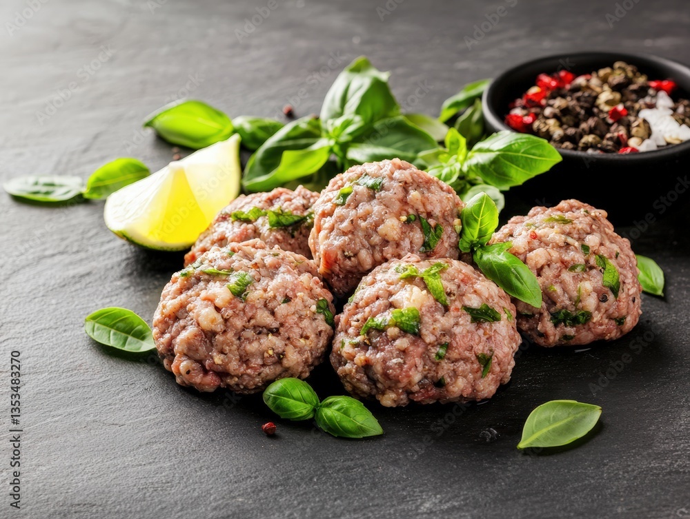 Close-up of Raw Beef Meatballs Seasoned with Herbs Surrounded by Fresh Basil Leaves, Lime Wedge, Peppercorns, and Salt on Dark Gray Background Close-up of Raw Beef Meatballs Seasoned with Herbs Surrounded by Fresh Basil Leaves, Lime Wedge, Peppercorns, and Salt on Dark Gray Background