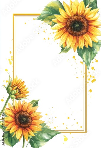 Watercolor sunflowers in gold frame, invitation background