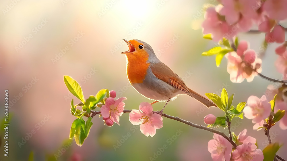 Robin Singing Beautifully Among Delicate Pink Blossoms in Spring Robin Singing Beautifully Among Delicate Pink Blossoms in Spring