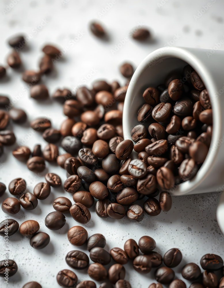 Dark roasted coffee beans spilling from a pristine white cup, white, white cup, image Dark roasted coffee beans spilling from a pristine white cup, white, white cup, image