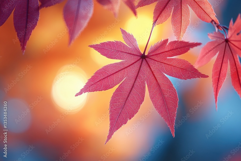 Closeup of Vibrant Red Japanese Maple Leaf in Autumn Sunlight with Intricate Veins Closeup of Vibrant Red Japanese Maple Leaf in Autumn Sunlight with Intricate Veins