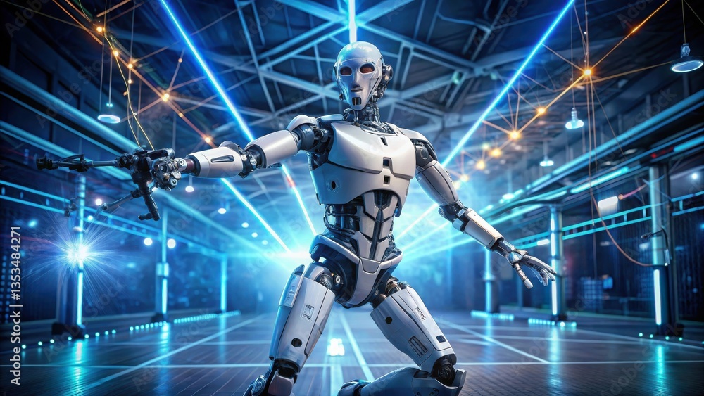 Robotics Engineering A futuristic robot poses dramatically in a high-tech environment filled with vibrant lights. Robotics Engineering A futuristic robot poses dramatically in a high-tech environment filled with vibrant lights.