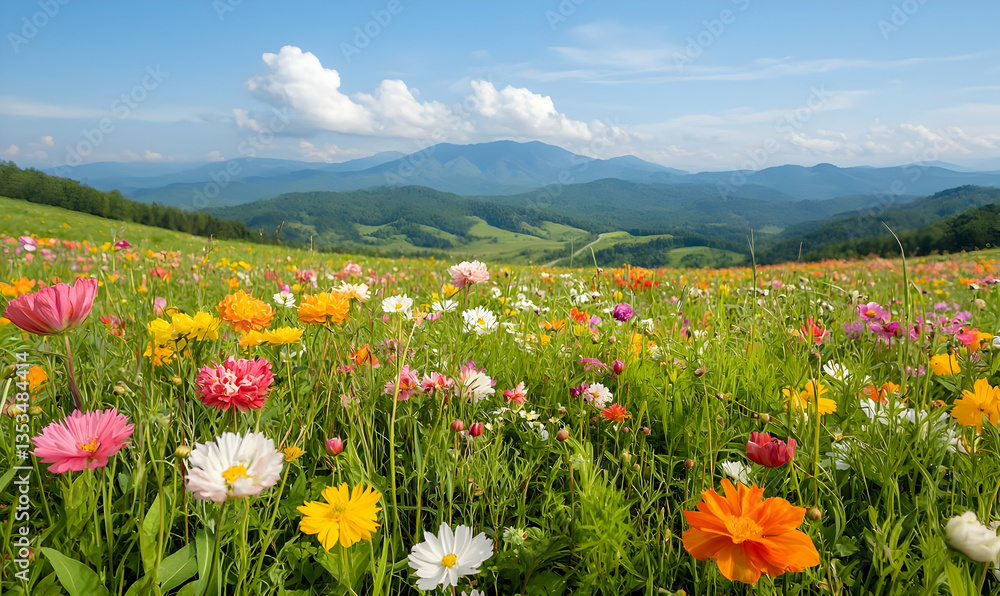 Vibrant Spring Meadow with Colorful Flowers and Scenic Mountains Vibrant Spring Meadow with Colorful Flowers and Scenic Mountains