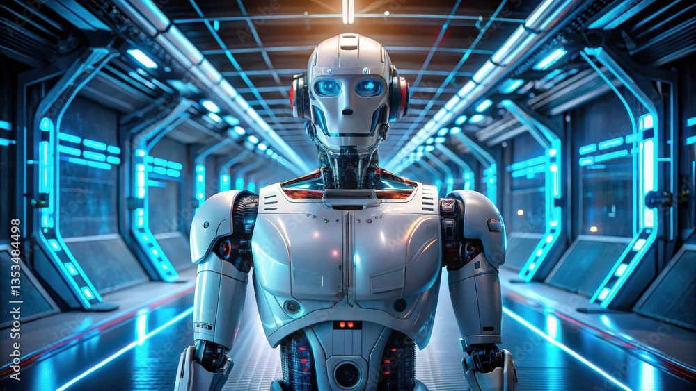 Robotics Engineering Futuristic robot in a high-tech corridor with glowing lights and sleek design. Robotics Engineering Futuristic robot in a high-tech corridor with glowing lights and sleek design.