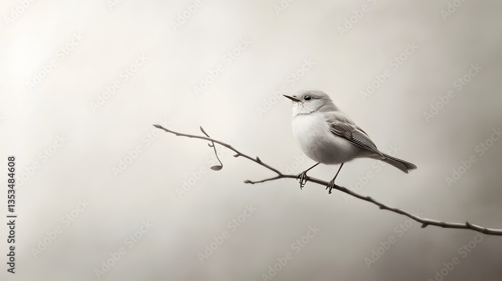 Graceful Small Bird Perched on Branch with Soft Neutral Background Graceful Small Bird Perched on Branch with Soft Neutral Background