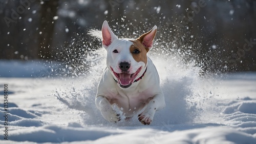 Playful Bull Terrier Leaping Through Snow on a Winter Day
