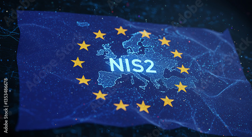 European Union NIS2 flag with map and text overlay for digital concept