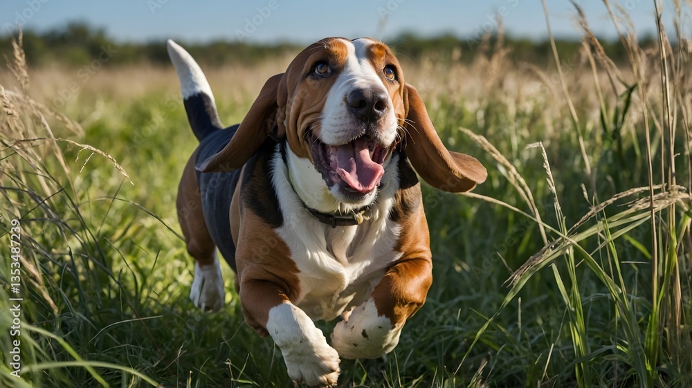 Playful Basset Hound Leaping Through Grass on a Sunny Day Playful Basset Hound Leaping Through Grass on a Sunny Day
