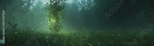 Dense forest scene with ethereal light filtering through trees and illuminating grass.