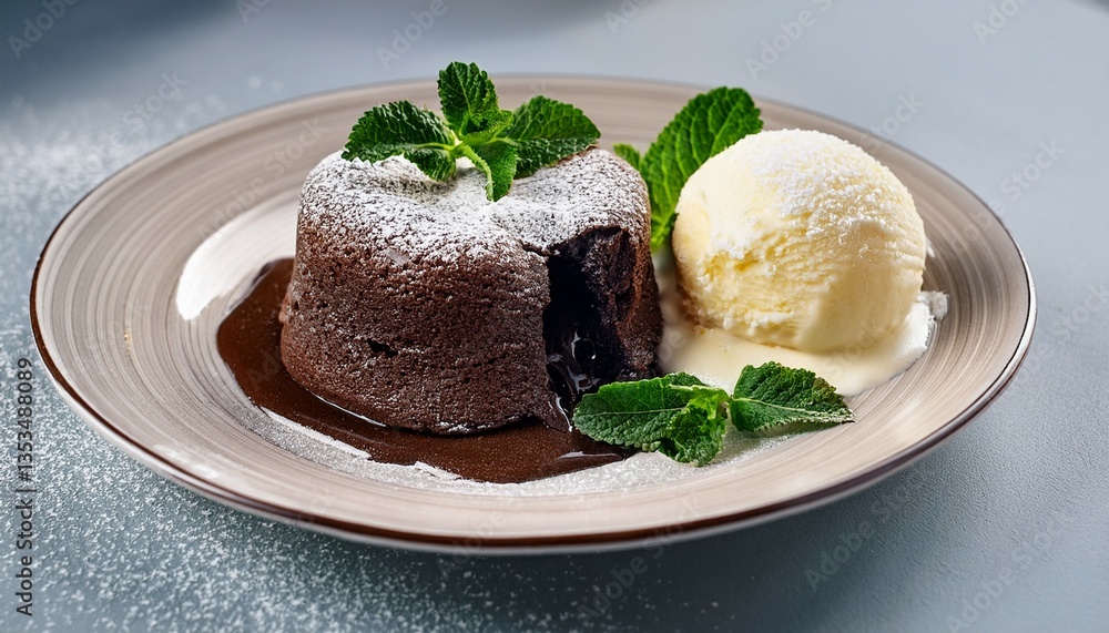 chocolate lava cake with molten chocolate served with vanilla ice cream garnished with fresh mint leaves and powdered sugar chocolate lava cake with molten chocolate served with vanilla ice cream garnished with fresh mint leaves and powdered sugar