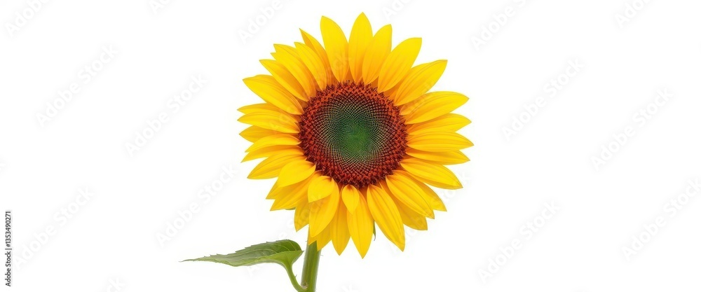 Fototapeta premium Single vibrant sunflower, head tilted, isolated on pure white background, white, wildflower