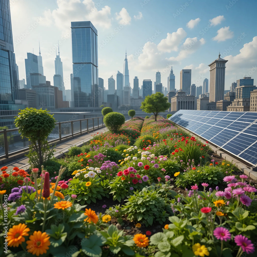 Fototapeta premium Stunning photorealistic image of a blooming rooftop garden in a bustling city, diverse plants, solar panels showing eco-friendly urban living and innovative eco-friendly solutions