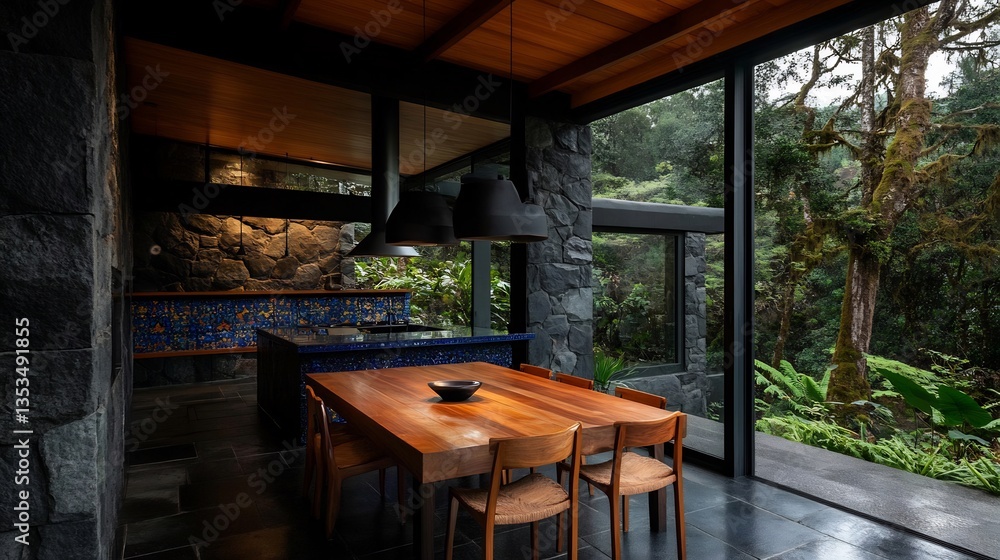 Fototapeta premium Elevated kitchen and dining space seamlessly integrating with lush nature views