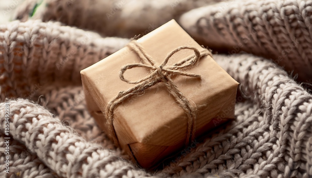 small gift box wrapped with twine on cozy knit blanket small gift box wrapped with twine on cozy knit blanket