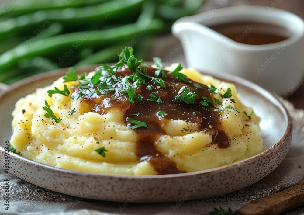 Creamy Mashed Potatoes with Green Beans and Gravy Sauce Boat Illustration Creamy Mashed Potatoes with Green Beans and Gravy Sauce Boat Illustration