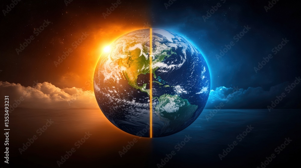 Fototapeta premium A stunning visualization of Earth divided between day and night, showcasing vibrant colors and contrasting light and shadow, climate activist.