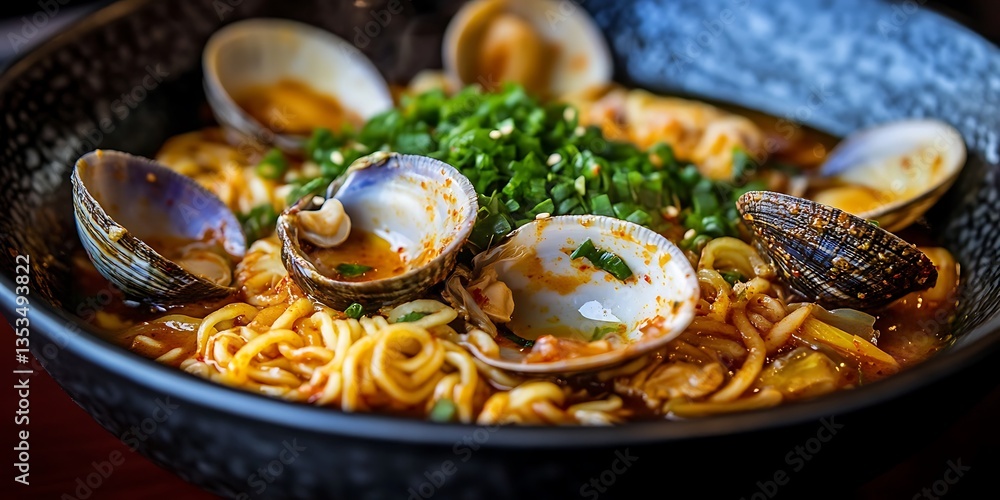 A bowl of delicious noodles with fresh clams and greens A bowl of delicious noodles with fresh clams and greens