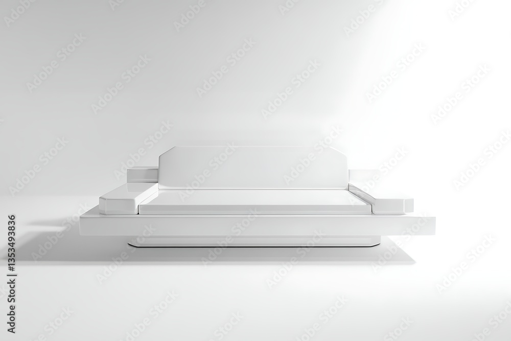 Obraz premium Minimalist white sofa with modern design in bright studio space, for product presentation, advertising
