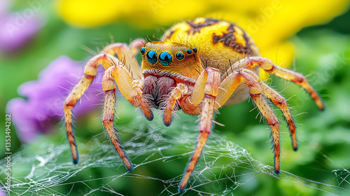 Close-up shot of a vibrant jumping spider on its web, showcasing its intricate details and striking colors against a soft-focus floral backdrop.