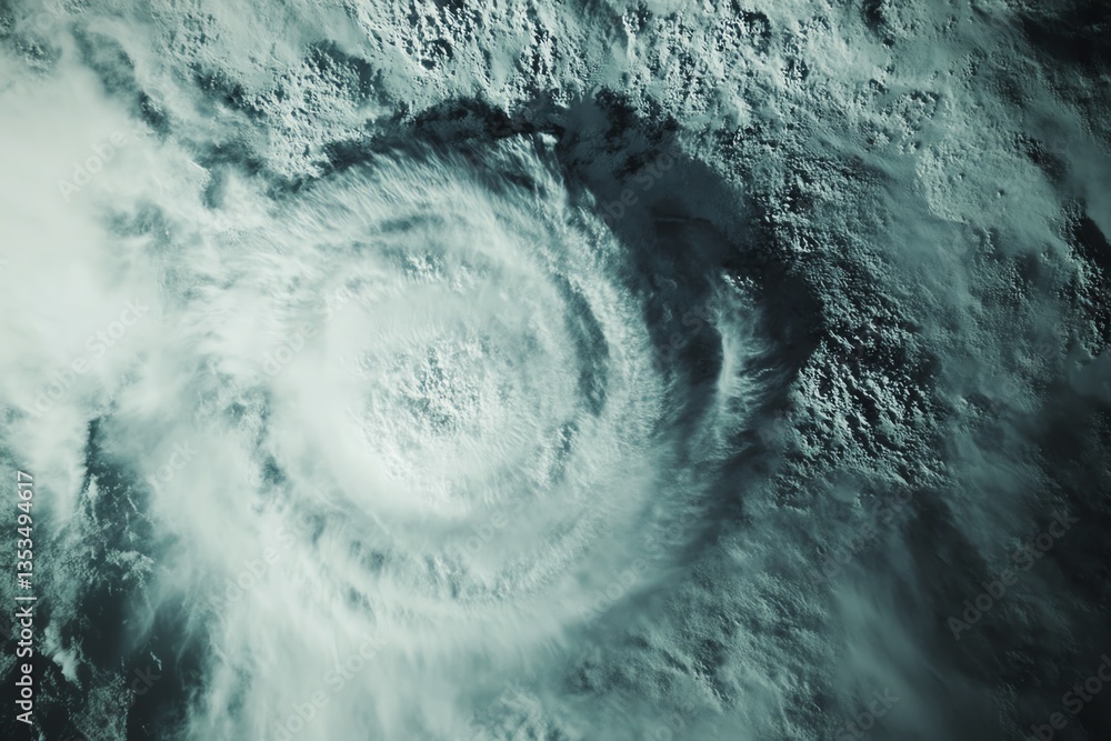 Obraz premium Aerial view of a powerful cyclone swirling over the ocean. Dramatic weather phenomenon captured from above, showcasing the storm's intense energy and chaotic beauty.